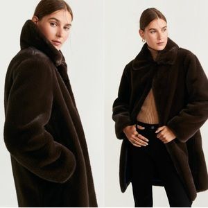 MANGO Lapels Faux Fur Coat (Dark Brown)